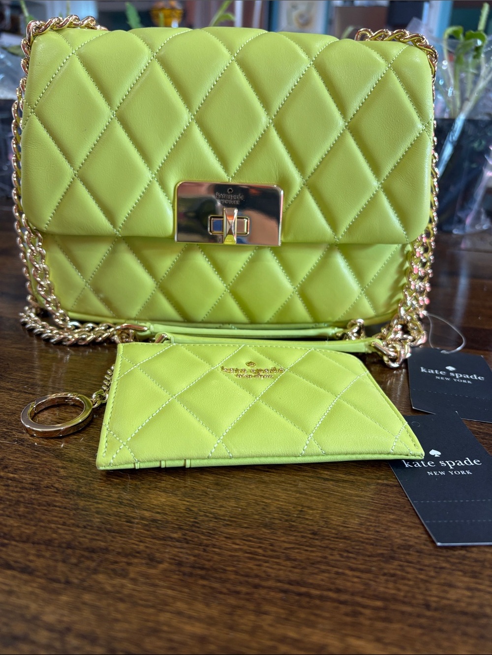 kate spade Lime Quilted Crossbody with Gold Chain